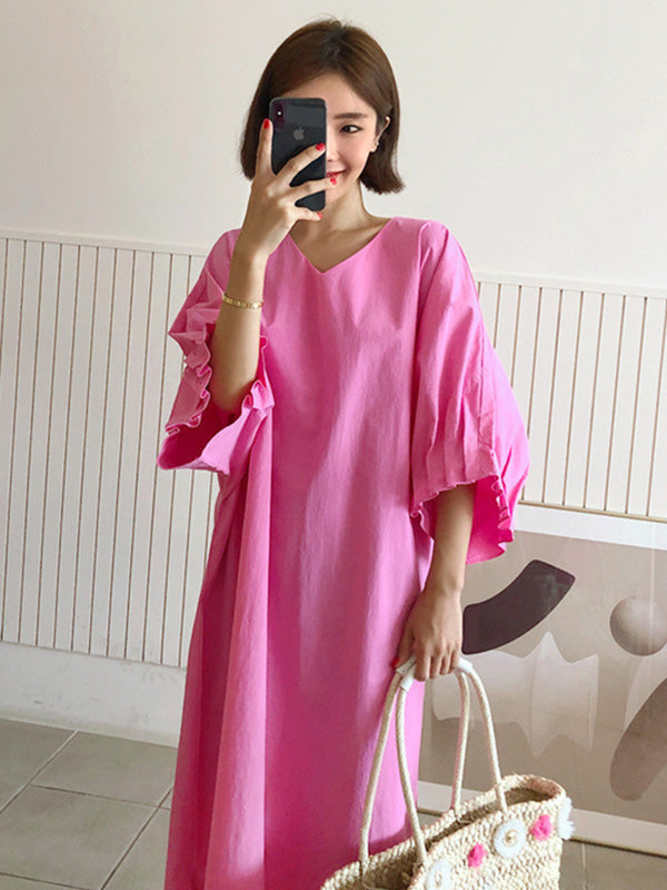 Robe mi-longue Plissée à Manches Raglan et Col en V de Grande Taille