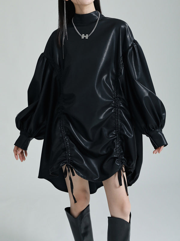Robe courte plissée à ourlet plongeant, à manches longues, à cordon de serrage, à col montant, couleur unie