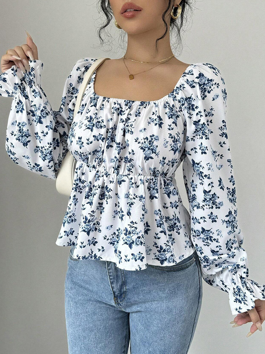 Chemisier plissé volanté à taille élastique, taille haute, à imprimé floral, à empiècements, à col carré, couleur contrastée