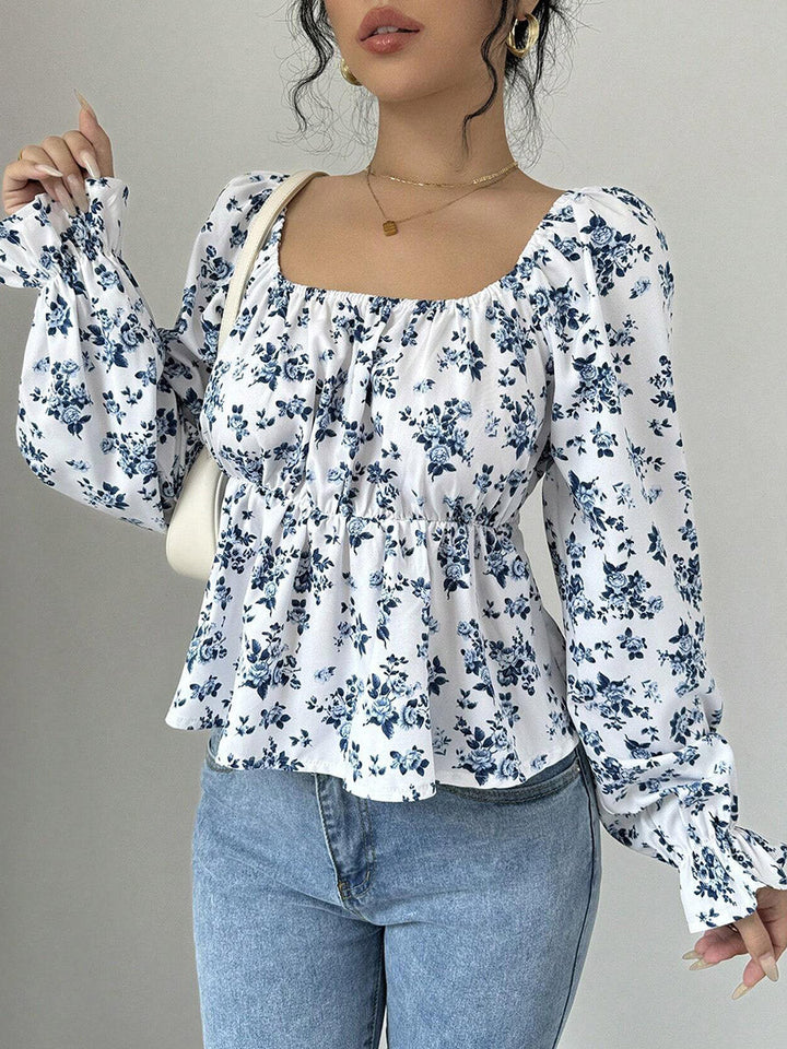 Chemisier plissé volanté à taille élastique, taille haute, à imprimé floral, à empiècements, à col carré, couleur contrastée