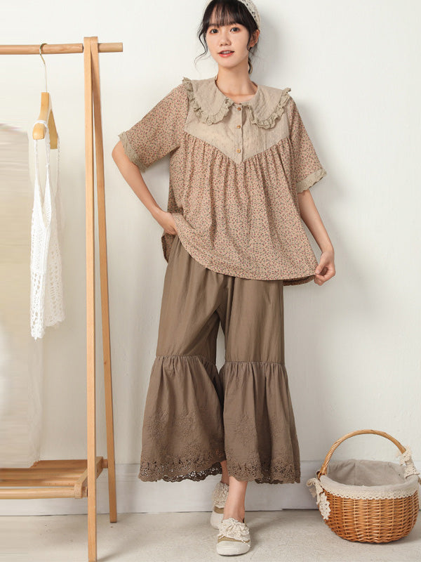 Pantalon évasé ample brodé vintage, taille haute, à jambes larges