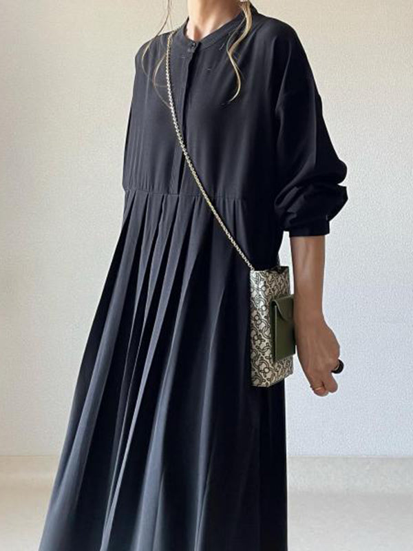 Robe chemise ample plissée à manches longues, à empiècements, à col rond, couleur unie