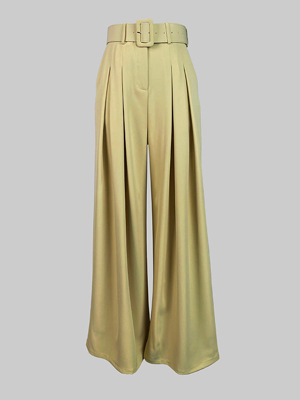 Pantalon ample plissé décontracté à jambes larges, avec ceinture, couleur unie