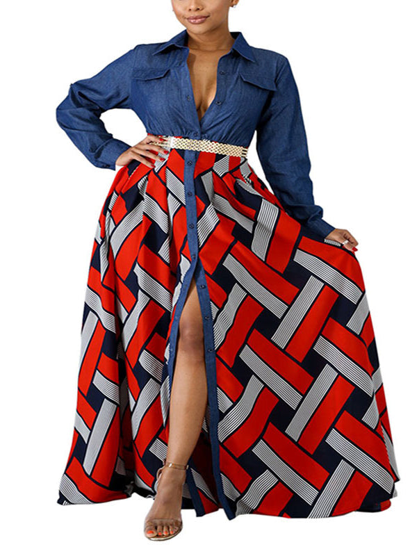 Robe longue ample boutonnée imprimée à manches longues, à taille élastique, à empiècements, à col revers