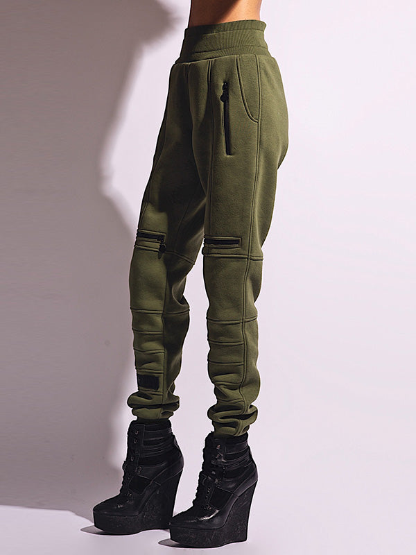 Pantalon de sport décontracté à taille haute et élégant, couleur unie, fermeture éclair