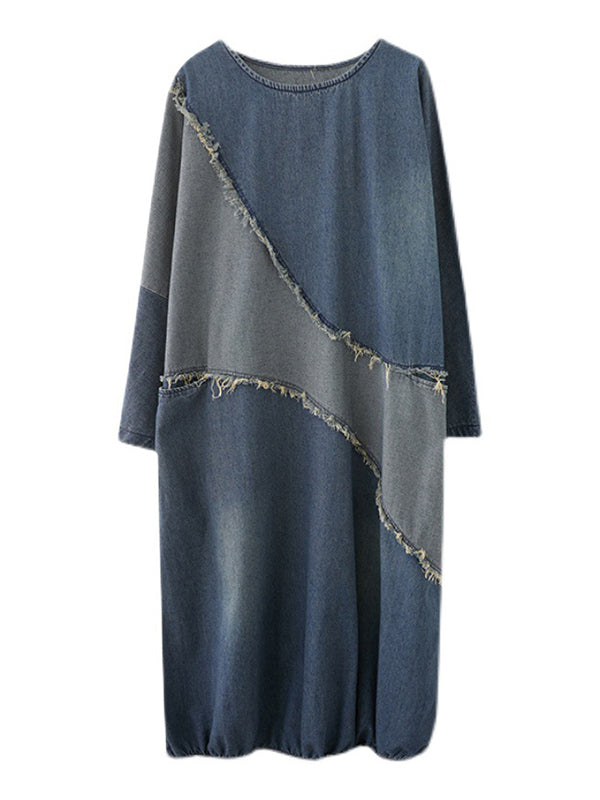 Robe mi-longue ample en jean, à col rond, à manches longues, couleur contrastée