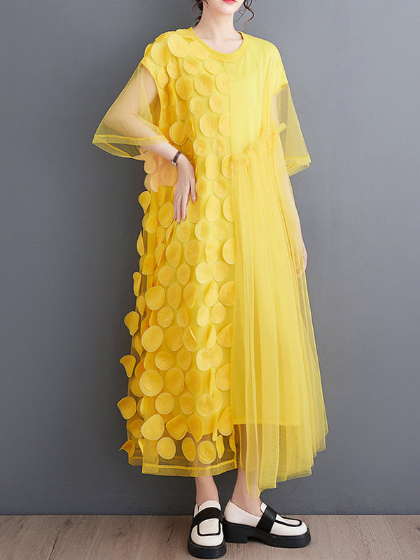 Robe mi-longue ample asymétrique à manches courtes, en gaze, à empiècements, à col rond