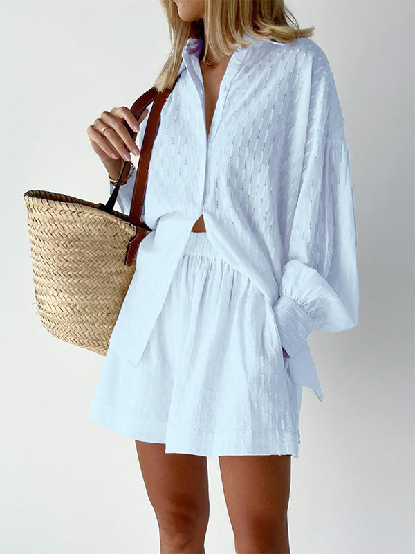 Ensemble deux pièces boutonné à ourlet plongeant, à manches longues, en jacquard, à col revers, couleur unie – chemise + haut + short