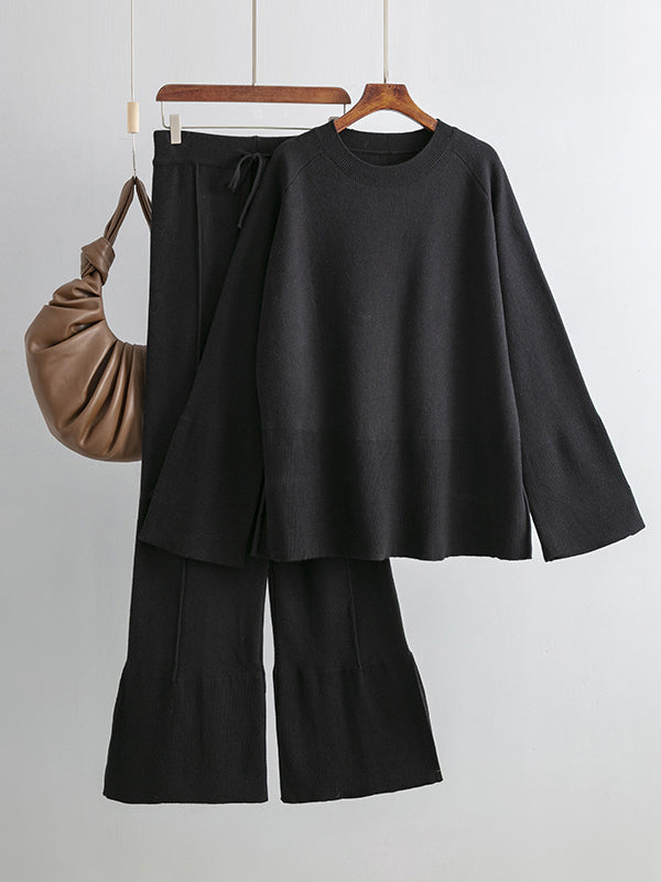 Ensemble deux pièces décontracté ample à manches longues, à col rond, à jambes larges, couleur unie – pull + pantalon