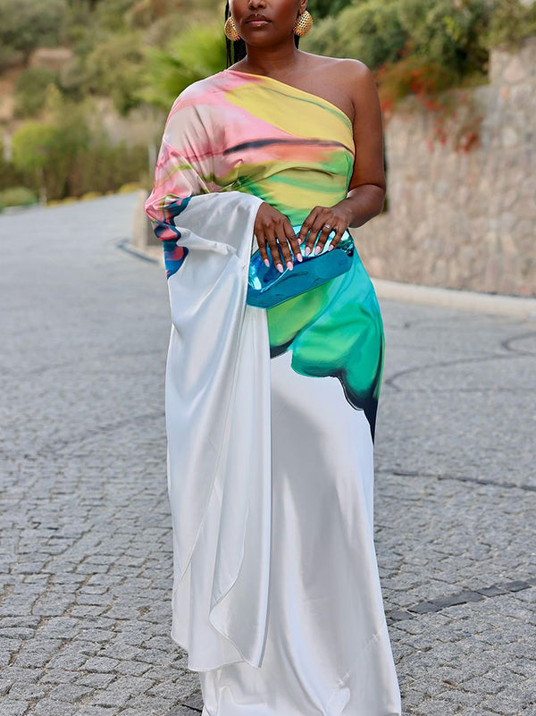 Robe longue ample asymétrique à manches longues, à imprimé floral, asymétrique à une épaule