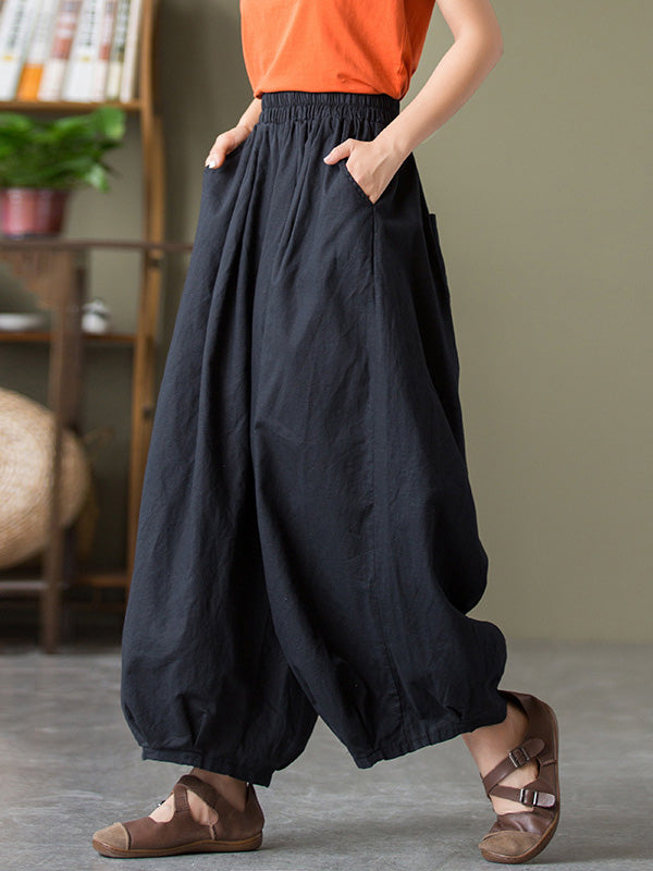 Knickerbockers à jambes larges et amples en lin, couleur unie, cordon de serrage plissé