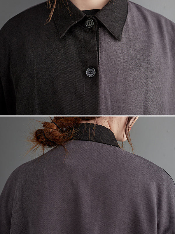 Robe mi-longue décontractée ample boutonnée à manches longues, à empiècements, à col revers, couleur contrastée