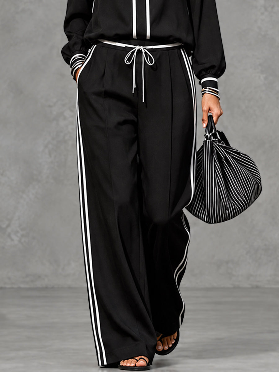 Pantalon rayé ample à poches, à cordon de serrage, à jambes larges, couleur contrastée