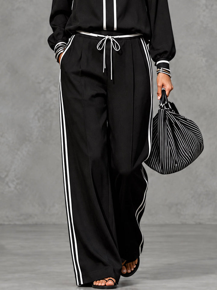 Pantalon rayé ample à poches, à cordon de serrage, à jambes larges, couleur contrastée