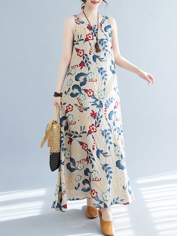 Robe longue ample sans manches, à imprimé floral, à col rond