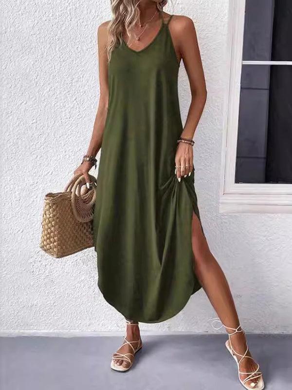 Robe longue ample grande taille, à fines bretelles, couleur unie