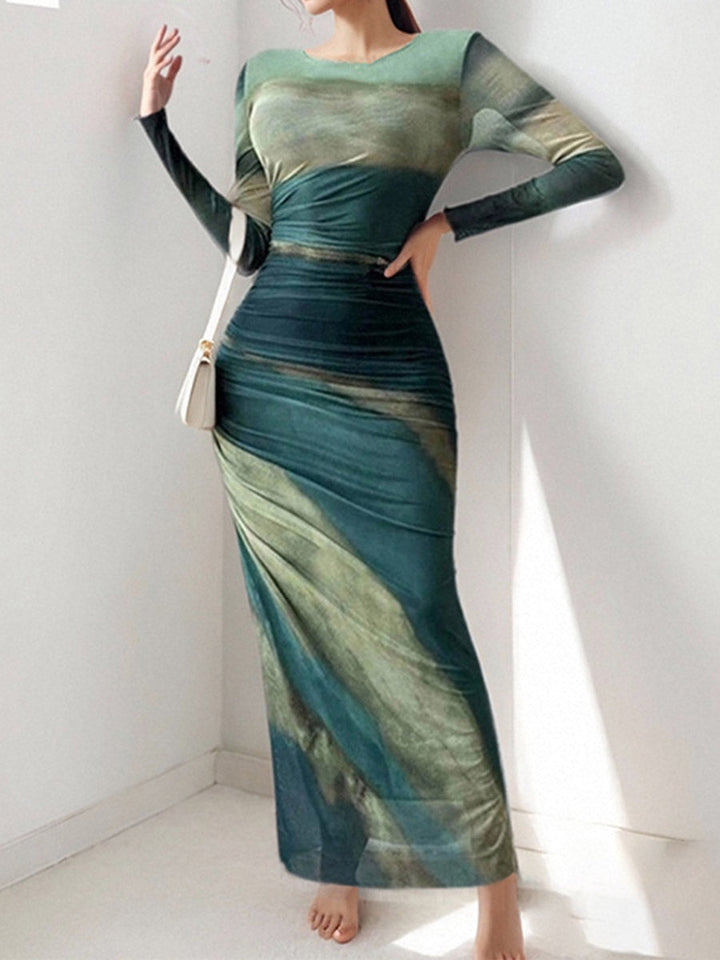 Robe longue moulante plissée imprimée taille haute, à empiècements, à col rond, couleur contrastée