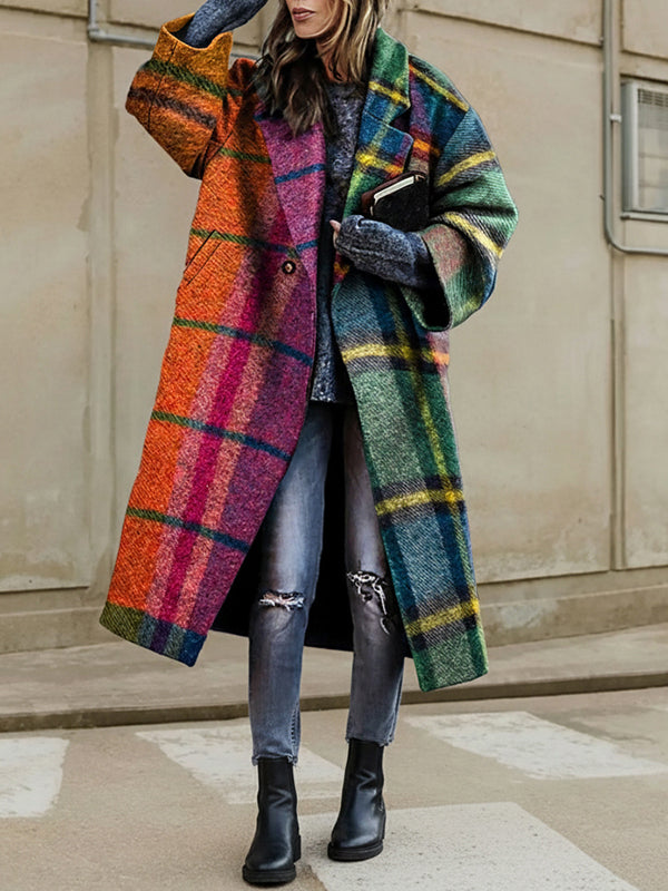 Coupe-vent ample à manches trois-quarts, couleur contrastée, carreaux à revers fendus, manteau en laine