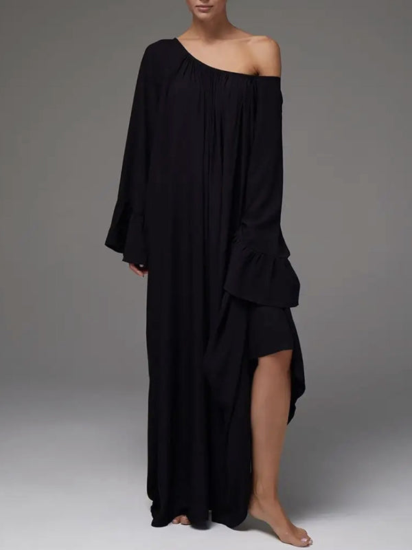 Robe longue ample plissée à manches évasées, à empiècements, à col rond, couleur unie