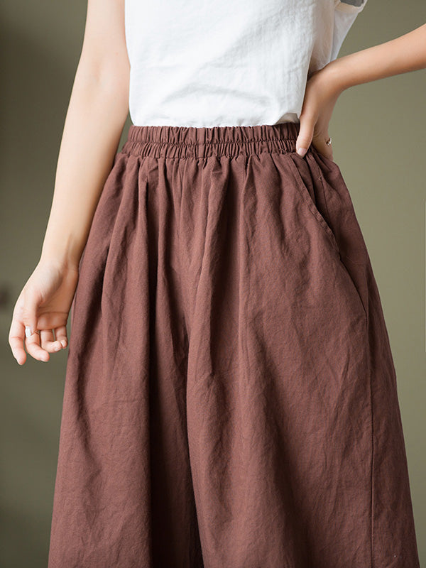 Knickerbockers à jambes larges et amples en lin, couleur unie, cordon de serrage plissé