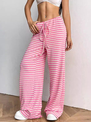 Pantalon rayé à taille élastique, taille haute, à cordon de serrage, à empiècements, couleur contrastée