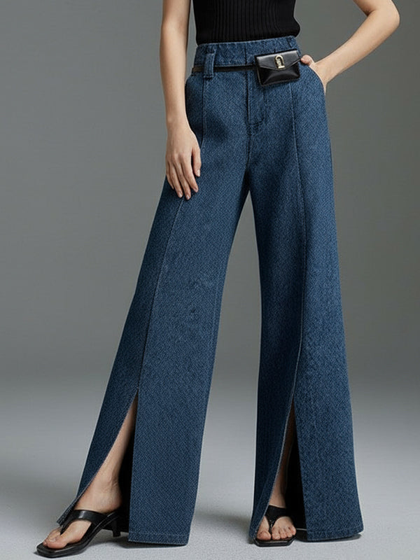 Pantalon fendu devant à jambes larges, sans ceinture, couleur unie