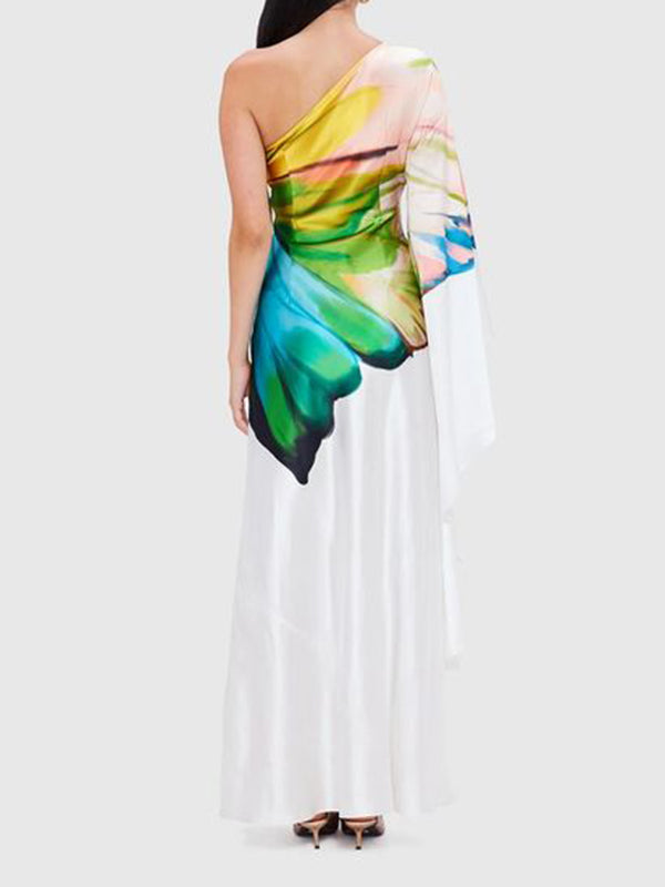 Robe longue ample asymétrique à manches longues, à imprimé floral, asymétrique à une épaule