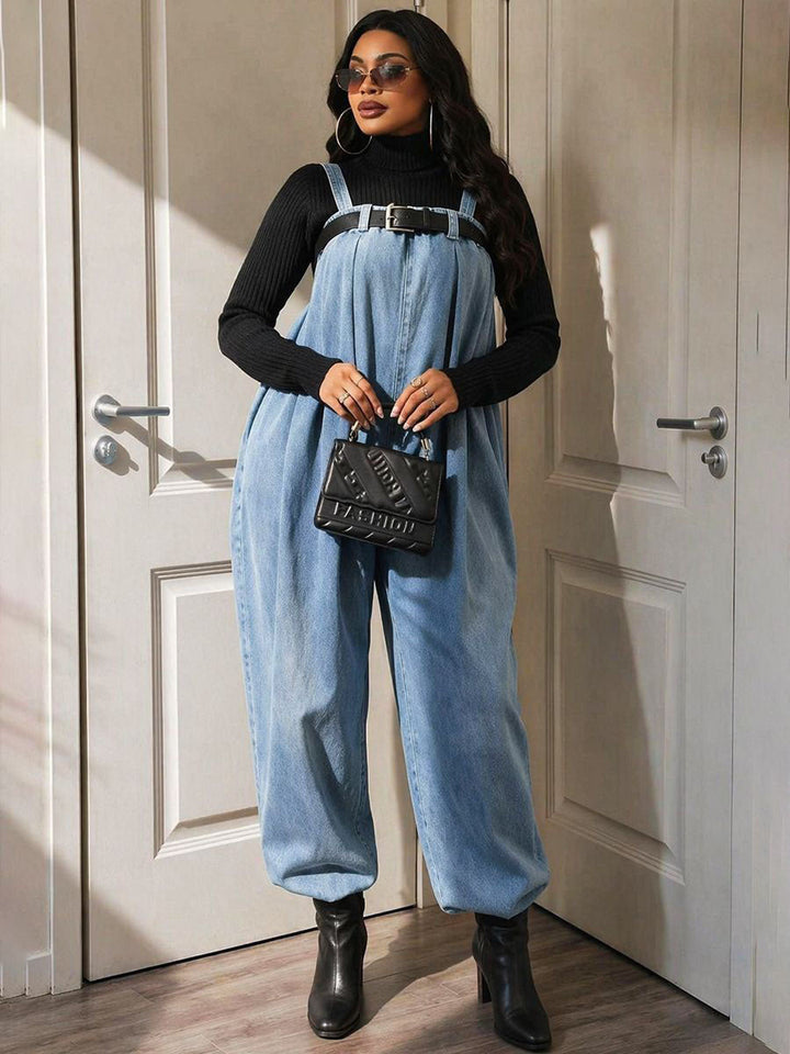 Salopette à taille élastique, avec ceinture, à jambes larges, sans manches, à fines bretelles, couleur unie