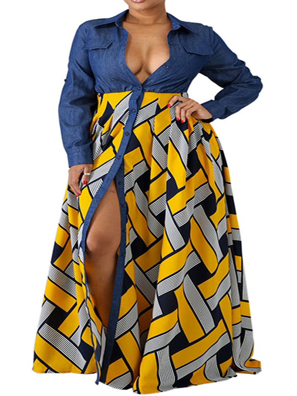 Robe longue ample boutonnée imprimée à manches longues, à taille élastique, à empiècements, à col revers