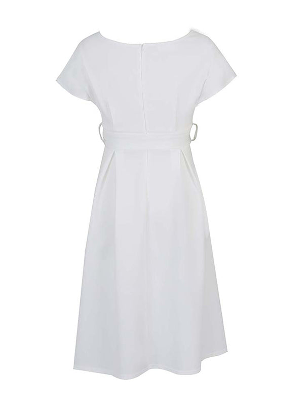 Robe mi-longue à nœud, à lacets, à col en V, couleur unie