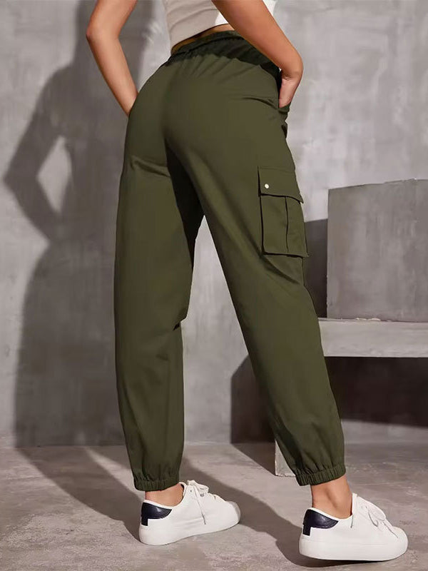Pantalon taille haute, à taille élastique, à poches, à empiècements, à taille nouée, couleur unie