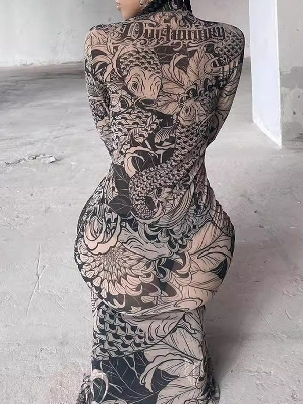Robe de soirée longue imprimée transparente à manches longues, coupe près du corps, à empiècements, à col haut