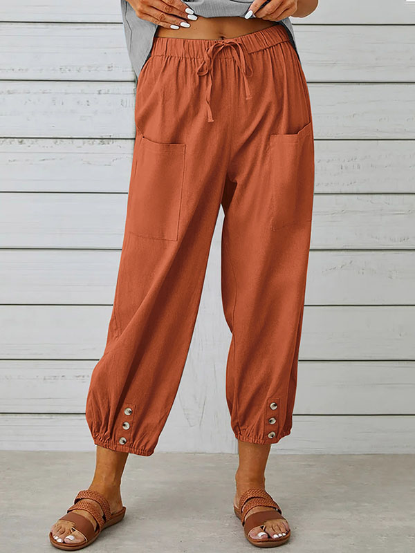 Pantalon ample boutonné taille haute, à cordon de serrage, à taille élastique, à poches, à empiècements