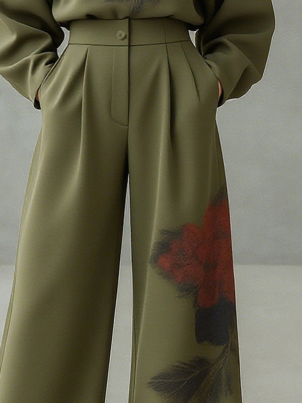 Pantalon ample plissé à jambes larges, à imprimé floral, à empiècements