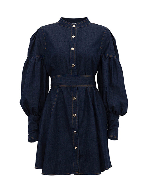 Robe courte boutonnée plissée coupe trapèze, à manches longues, à empiècements, à taille nouée, à col cheminée