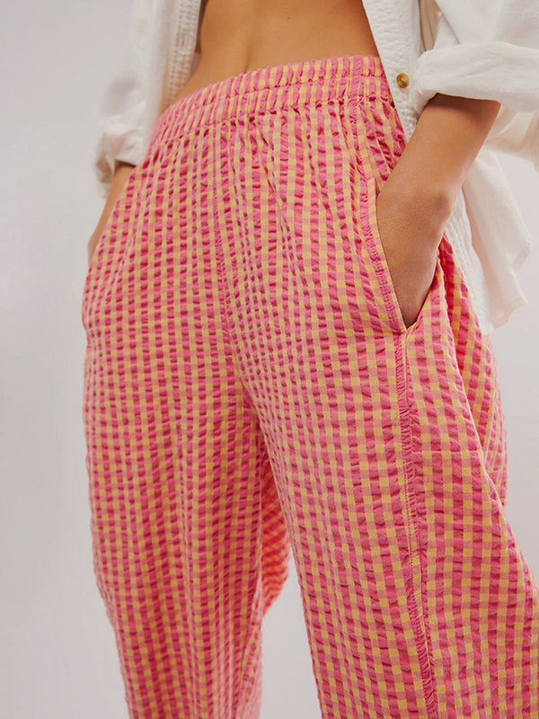 Pantalon ample à carreaux, à poches, à empiècements