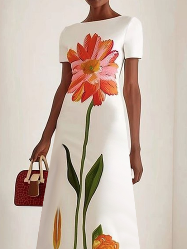Robe longue à manches courtes, à imprimé floral, à col bateau
