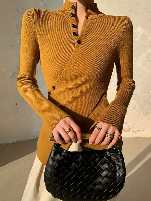 Pull asymétrique fendu devant à manches longues, à empiècements, à col en V