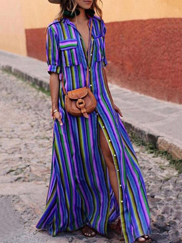 Robe chemise ample rayée à manches longues, à empiècements, à col revers