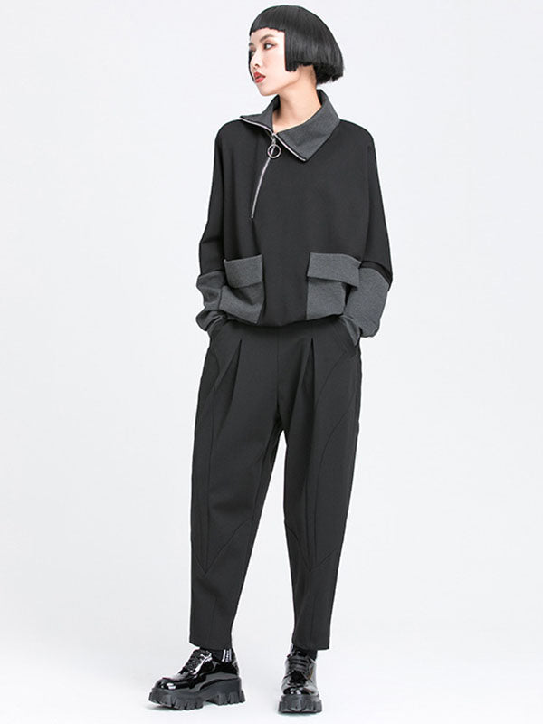 Pantalon simple ample décontracté à taille élastique, couleur unie