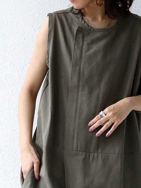 Combinaison décontractée à col rond, sans manches, à jambes larges, couleur unie