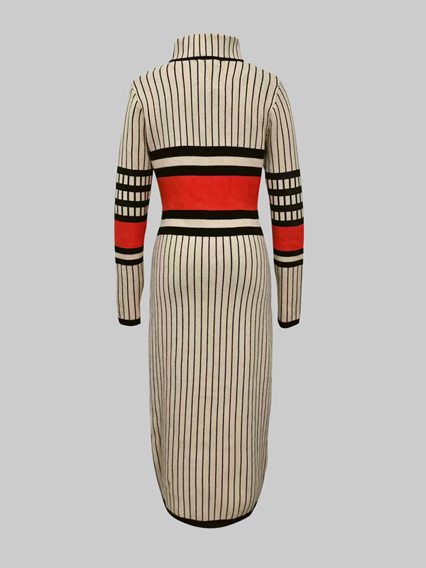 Robe pull rayée à manches longues, coupe près du corps, à col haut, couleur contrastée