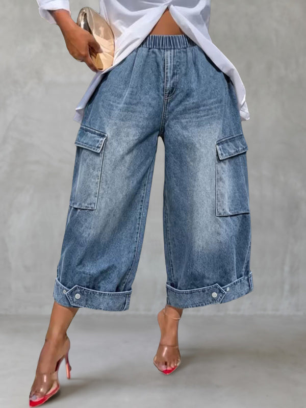 Pantalon court boutonné ample à poches, à taille élastique, à jambes larges, couleur unie
