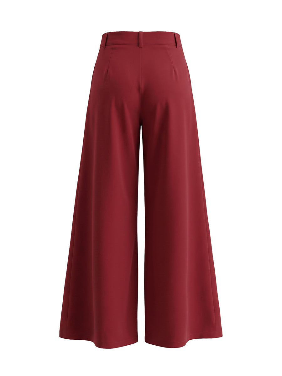 Pantalon élégant ample taille haute, à jambes larges, couleur unie