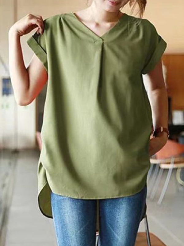 T-shirt ample à manches courtes et dos plissé, couleur unie, col rond