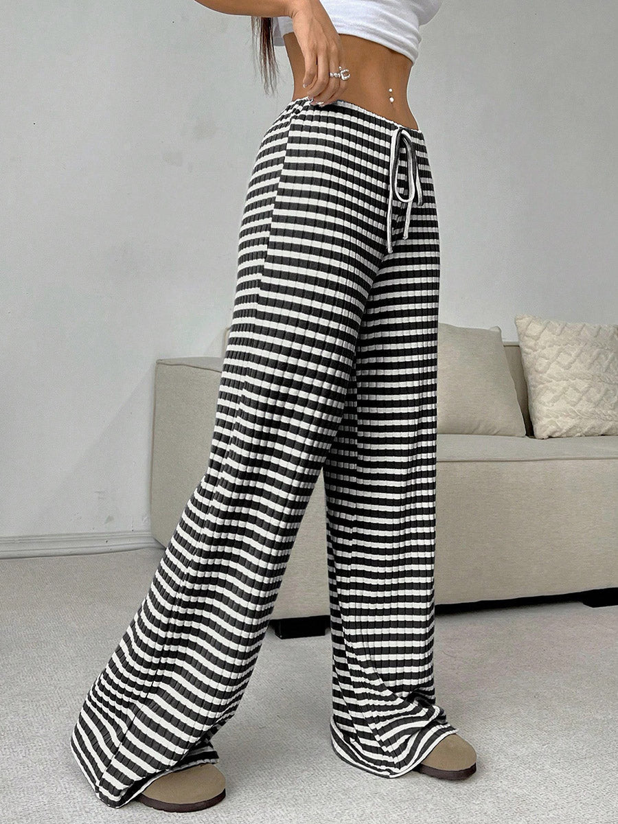 Pantalon rayé à taille élastique, taille haute, à cordon de serrage, à empiècements, couleur contrastée
