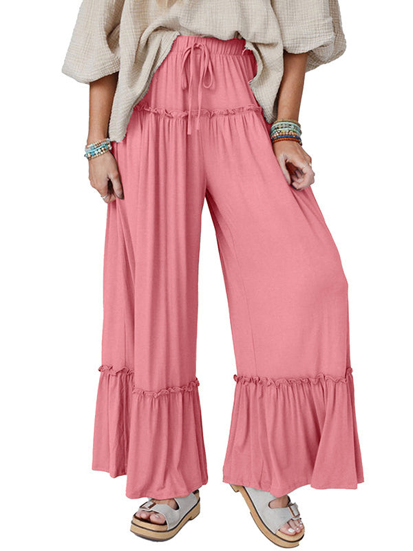 Pantalon ample plissé taille haute, couleur unie