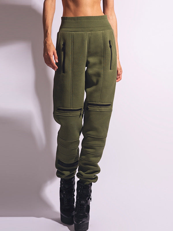 Pantalon de sport décontracté à taille haute et élégant, couleur unie, fermeture éclair