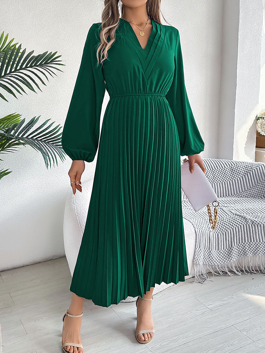 Robe longue plissée coupe trapèze, taille haute, à taille élastique, à col en V, couleur unie