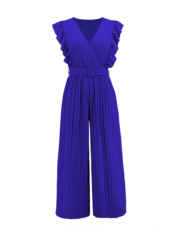 Combinaison ample plissée volantée taille haute, avec ceinture, à col en V, couleur unie